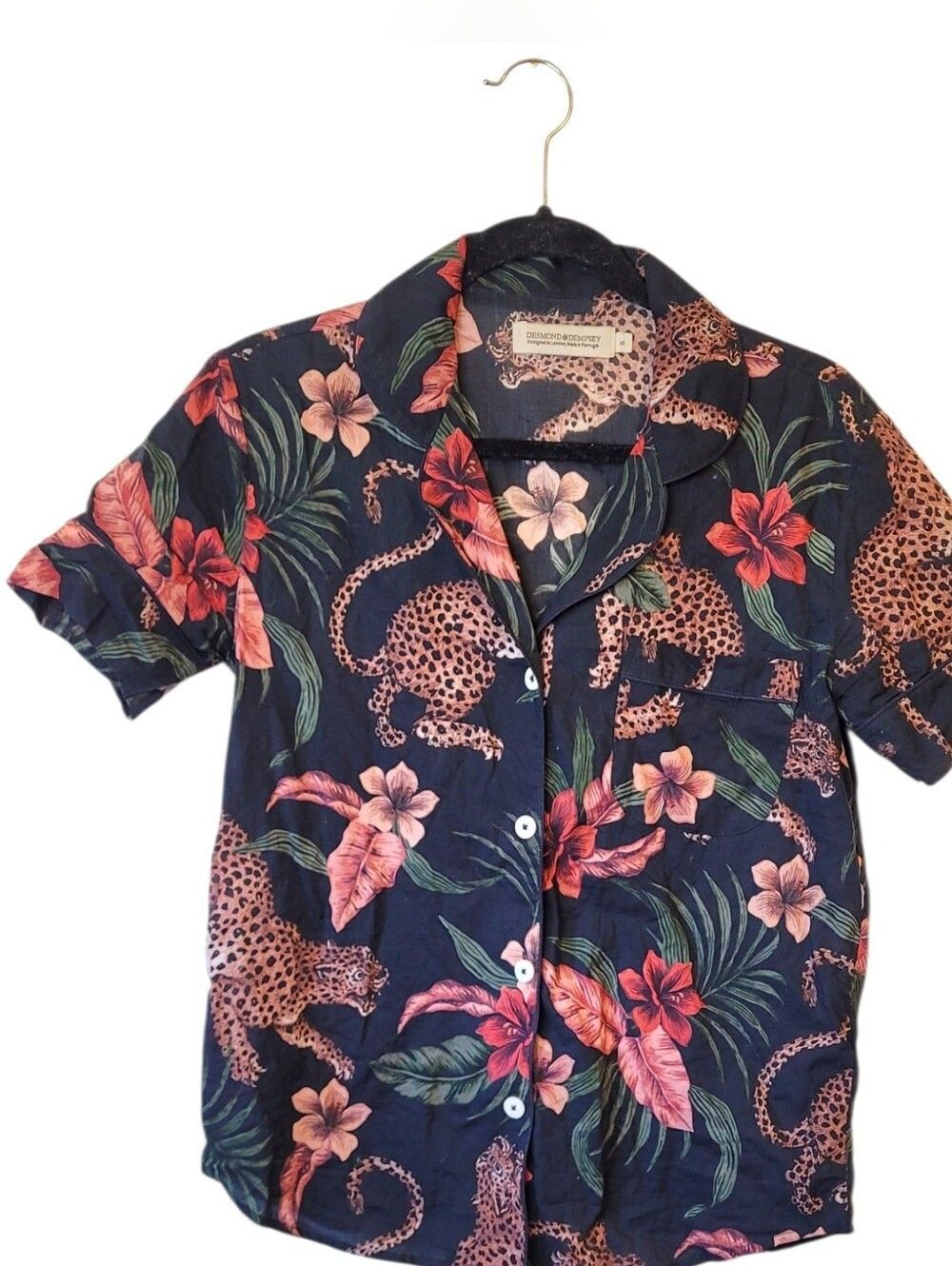 Desmond & Dempsey Tropical Leopard Print Button-Up Sleep Shirt Size S